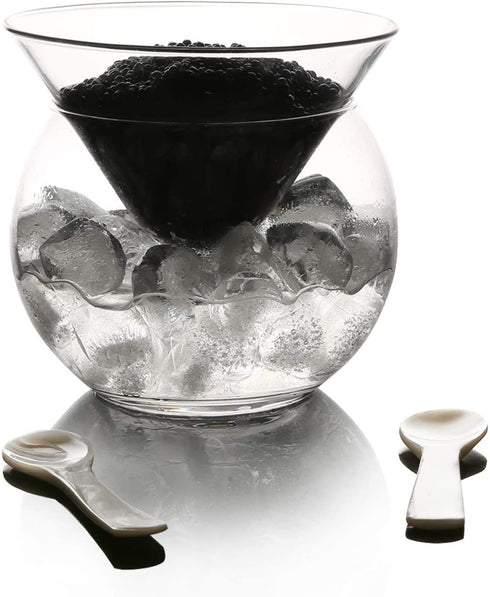 DUEBEL Glass Caviar Chiller Server Set Plus 2 pcs. x Mother of Pearl Caviar Spoon 3.15" Universal Martini, Wine, Liquor Cocktail Chiller