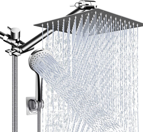 Shower Head Combo,10 Inch High Pressure Rain Shower Head with 11 Inch Adjustable Extension Arm and 5 Settings Handheld Shower Head Combo,Powerful Shower Spray Against Low Pressure Water with Long Hose