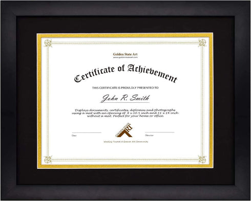 Golden State Art, 11x14 Document Photo Wood Frame for 8.5x11 Document & Certificates, Real Glass (Black with Black Over Gold Double Mat, Set of 1)