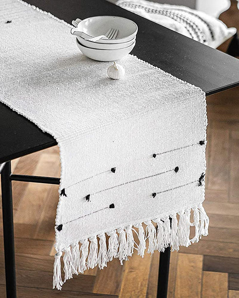 KIMODE Moroccan Fringe Table Runner 14 X 72 in, Bohemian Geometric Cotton Woven Tufted Tassels Macrame Farmhouse Christmas Dinning Table Linen Machine Washable Minimalist Home Decorative
