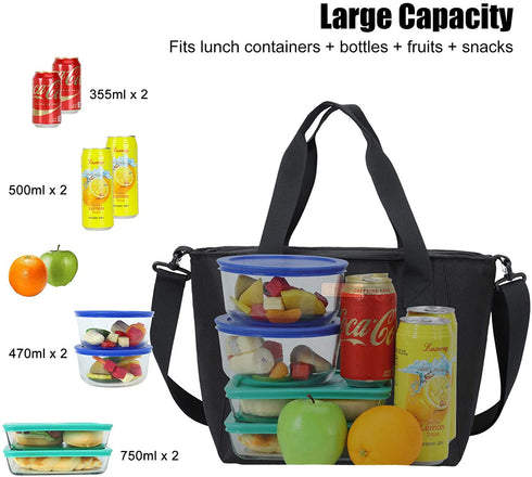 MIER Lunch Bags for Women Large Insulated Lunch Tote Bag Lunchbox Container for Work College Travel Beach, Adjustable Shoulder Strap (Black)