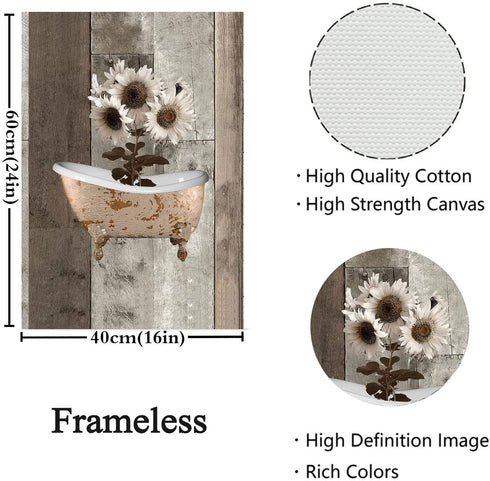 Rustic Farmhouse Sunflowers Wall Art Bathroom Wall Art Modern Flower Bathtube Artwork Rustic Wood Board Background Contemporary Wall Art Decor For Bedroom Living Room 16X24 inch Frameless