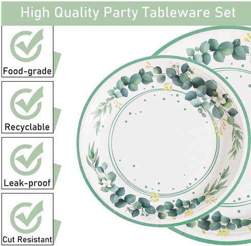 96 Pieces Sage Greenery Party Tableware Set Jungle Theme Party Table Decorations Supplies Bridal Baby Shower Safari Birthday Wedding Paper Plates Napkins Forks for 24 Guests