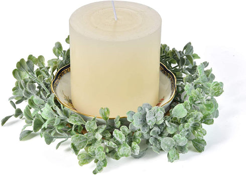 Feirui Pillar Candle Rings Set of 3, Frosted Boxwood Round Wreath Artificial Wreath Green Leaves Wreath Christmas Holiday Parties and Home Decor