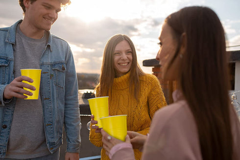 DecorRack 80 Party Cups, 16 oz -BPA Free- Plastic Soda Cups, Perfect for Birthday, Picnic, Indoor and Outdoor Event, Stackable, Reusable, Disposable Round Beverage Drinking Cup, Yellow (Pack of 80)