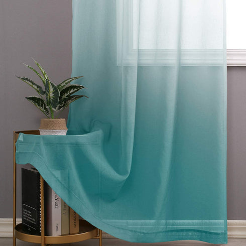 Hiasan Faux Linen Ombre Sheer Curtains - Voile Grommet Window Curtains for Bedroom and Living Room, 52 x 96 Inches Long, Turquoise, 2 Drape Panels