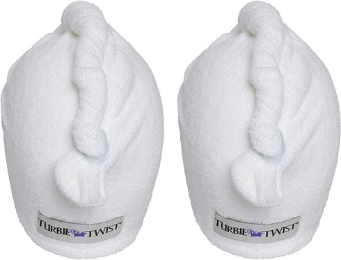 Turbie Twist Microfiber Hair Towel Wrap for Women and Men | 2 Pack | Bathroom Essential Accessories | Quick Dry Hair Turban for Drying Curly, Long & Thick Hair (White, White)