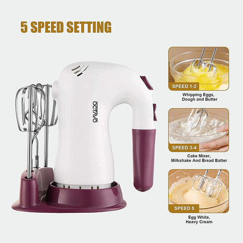 OCTAVO Hand Mixers Electric, Handheld Electric Mixer With Easy Eject Button, 2 Wired Beaters + 2 Dough Hooks And Storage base with Ultra Power 250W - 5 Speed - 120V (white)