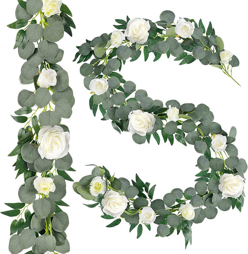AGEOMET 2pcs Artificial Eucalyptus Garland with Flowers Greenery Garland Willow Vines White Rose Garland, Faux Silver Dollar for Fireplace Mantle Table Wedding Party Garden Boho Room Decor