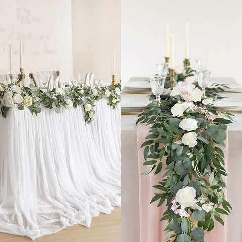 AGEOMET 2pcs Artificial Eucalyptus Garland with Flowers Greenery Garland Willow Vines White Rose Garland, Faux Silver Dollar for Fireplace Mantle Table Wedding Party Garden Boho Room Decor