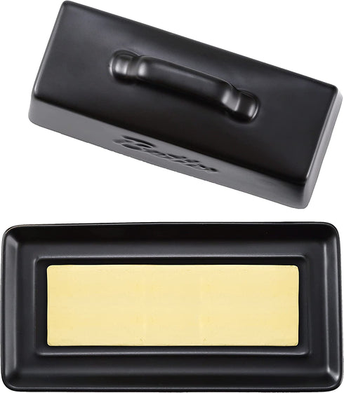 Ceramic Butter Dish with Lid, Covered Butter Keeper - Handle Design - Dishwasher Safe, 7.5 Inch Wide, Black