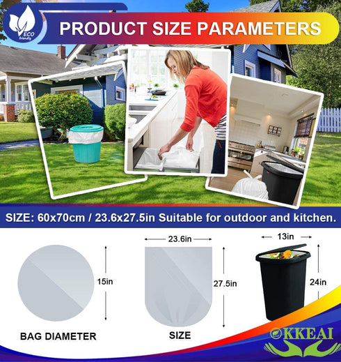 OKKEAI Medium Trash Bags Biodegradable Garbage Bags 8 Gallon White Thicker 0.98 MIL Kitchen Trash Bags Wastebasket Liners for Bathroom,Home Office, Lawn,60 Count,Clear (Fits 7-10 Gallon Bins)