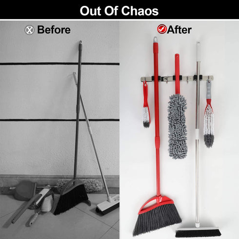 Kosair Broom Organizer Wall Mount - Metal Broom Holder Wall Mount Self-Adhesive, Mop and Broom Holder Wall Mount Heavy Duty, Stainless Steel, Cleaning Supplies Organizer Indoor Outdoor