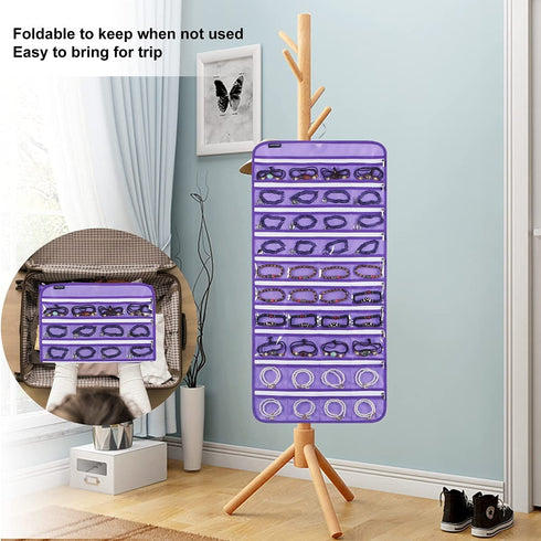ANZORG 80 Zippered Pockets Hanging Jewelry Organizer for Holding Jewelries Dual-Sided Accessory Display Holder for Earrings Bracelets Rings (80 Zippered Pockets-Purple)