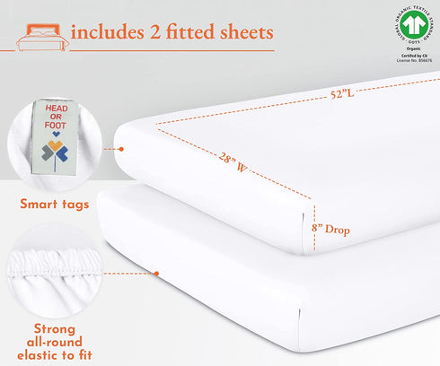 100% Organic Cotton Crib Fitted Sheet, Set of 2, Naturally Pure, Lightweight, Snug-Fit, Softest Crib Fitted Sheet for Boys, Cool Percale Weave, 28 X 52 in (White)