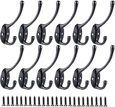 12 Pack Coat Hooks, POZEAN Hooks for Hanging with 24pcs Screws, Black Towel Hooks Wall Hooks for Hanging Coat Scarf, Bag, Towel, Key, Cap, Cup, Hat and More