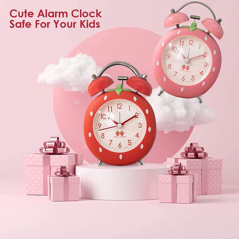 Strawberry Alarm Clock for Kids, Cute Alarm Clock for Heavy Sleepers with Backlight,Loud Twin Bell Alarm Clock for Bedroom Decoration (Red)