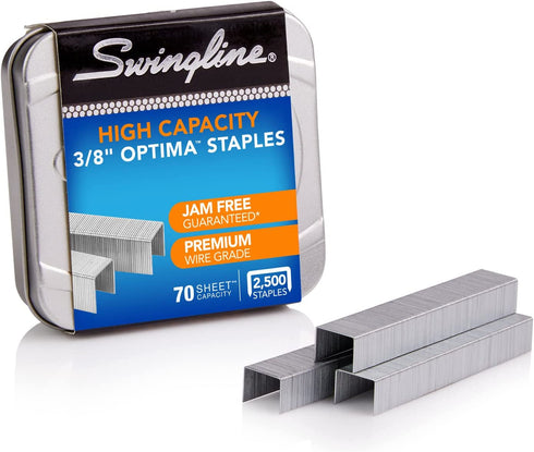 Swingline Staples, Optima, High Capacity, 3/8" Length, Jam Free, 125/Strip, 2500/Box, 1 Box (35550)