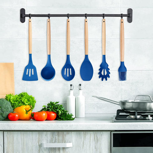 mossFlos Kitchen Cooking Utensils Set, 12 pcs Non-Stick Silicone Cooking Kitchen Utensils with Holder, Heat Resistant Kitchen Gadgets Utensil Set,Dark Blue