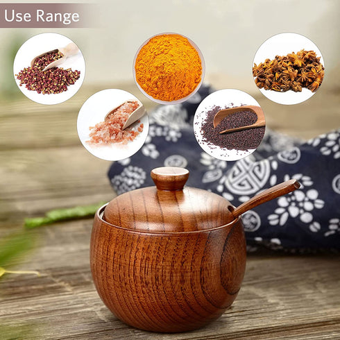Solid Wood Spice Jar, Sugar Bowl with Spoon and Lid Salt Pepper Seasoning Box for Home Kitchen