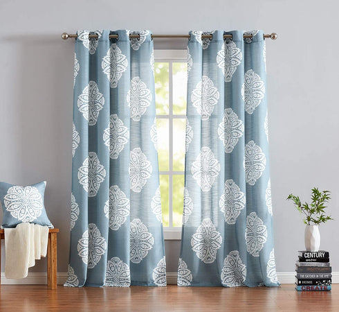 Treatmentex White and Blue Semi-Sheer Curtains for Living Room 84" Floral Medallion Print Window Panels Grommet Top 2 Pc