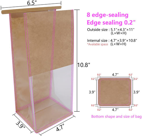 euduv Bakery Bags with Window Cookie Bags for Packaging 50Pcs 5.1x4.3x11 Inches Brown Kraft Paper Tin Tie Tab Lock Candy Bags Treat Bags, Popcorn, Coffee Bags Resealable