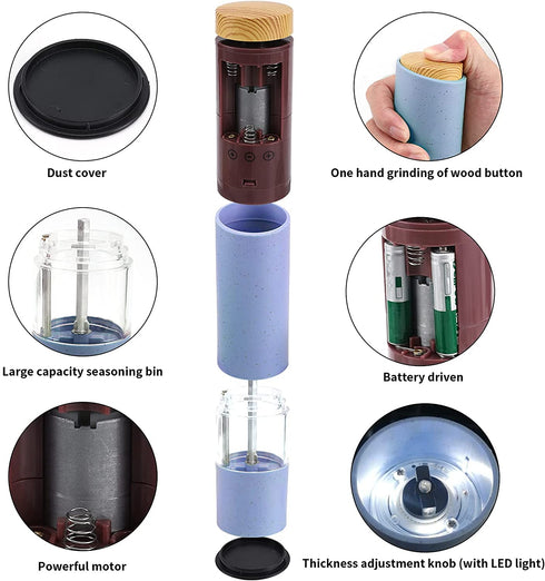 Electric Salt and Pepper Grinder Set, Battery Powered Automatic Gravity Peper Mill, Electronic Refillable Adjustable Coarseness Spice Shaker with Lid Stand Holder, Pack of 2 Blue