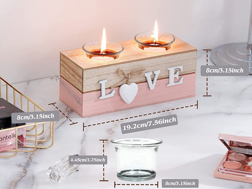 Candle Holders Set of 2 Wooden Tealight Candle Holder Decorative for Table, Wedding Birthday Party Ornaments, Living Room Decor Gift, I Love You Gifts for Him and Her Pink