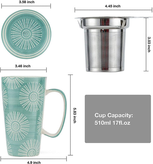 Taimei Teatime Ceramic Tea Cup with Infuser and Lid, 17-oz Large Mug, Tea Infuser Mug in British Rural Style with Handpainted Sunflower Pattern, Teal Blue