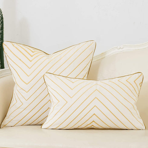Avigers 20 x 20 Inch White Gold Striped Geometric Lines Embroidery Velvet Cushion Case Luxury Modern Throw Pillow Cover Decorative Pillow for Couch Living Room Bedroom Car 50 x 50cm
