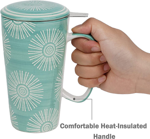 Taimei Teatime Ceramic Tea Cup with Infuser and Lid, 17-oz Large Mug, Tea Infuser Mug in British Rural Style with Handpainted Sunflower Pattern, Teal Blue