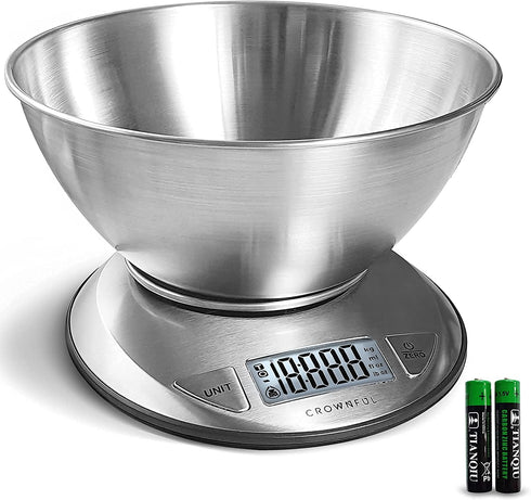 CROWNFUL Digital Food Scale with Bowl,11lb/5kg Kitchen Scales Digital Weight Grams and Ounces for Cooking and Baking,Kitchen Scale with Bowl (Batteries Included)