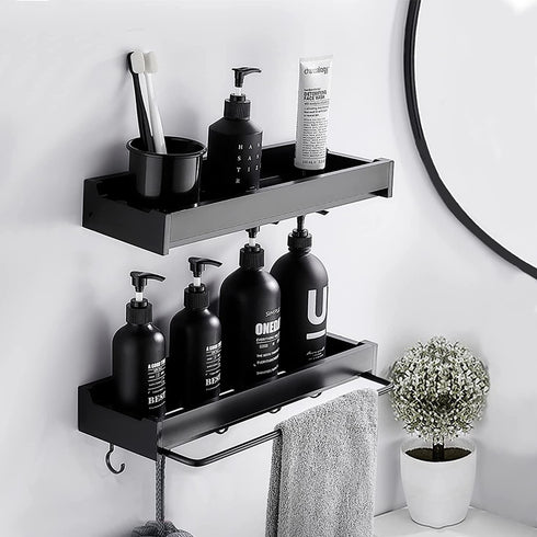 Shower Organizer, Shower Shelf with Hooks and Soap Holder, Shower Rod Bracket with Retractable Towel Rack, No Drilling Adhesive Wall Shelves for Bathroom and Kitchen (Black)