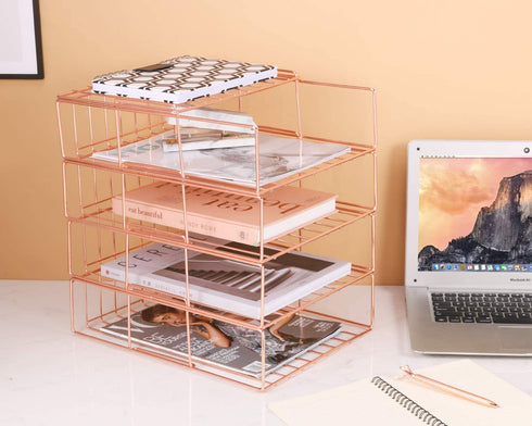 Hosaken Paper Tray, 4 Tier Stackable File Tray, Decorative Desk File Organizer Rack for Office Supplies and Accessories, 0.16Inch Thick Frame Rose Gold