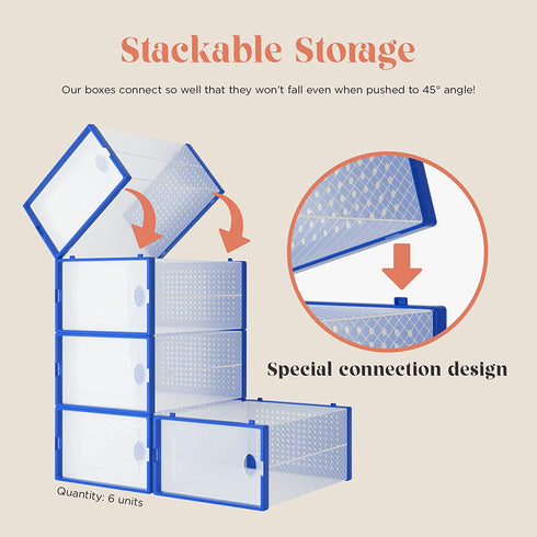 6-Pack Shoe Storage Boxes - Shoes Organizer for Closet - Clear Plastic Stackable Shoe Containers - Clear Shoe Boxes Stackable and Foldable For Sneaker Storage, Books, Toys, Tools Blue