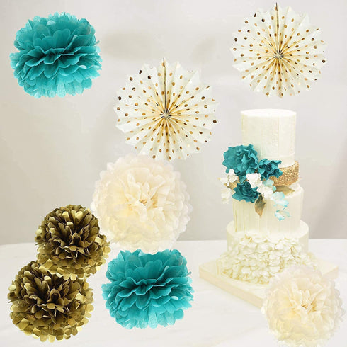 Teal Gold Birthday Party Decorations Women Gold Polka Dot Paper Fans for Teal Gold Wedding/Engagement Party/Bridal Shower Decorations/Bachelorette Party Decorations/Turquoise Party Decorations
