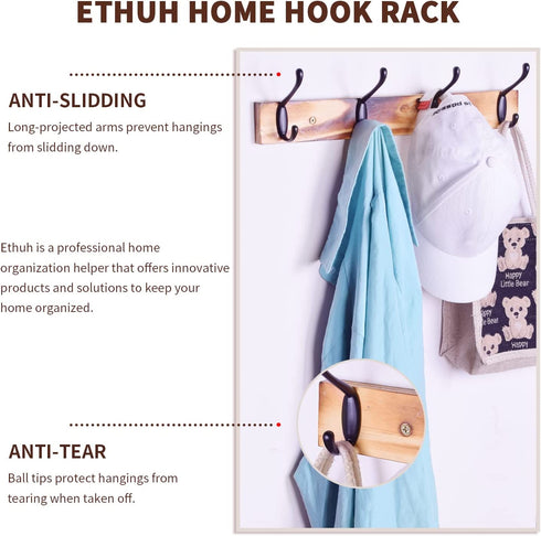 Wall Mounted Coat Rack Ethuh Rustic Wall Hook Solid Wood Hat Hanger Entryway Hanging Coat Rack4 Silver Metal for Entryway, only 1screws to Hold The Hooks Rack (Carbonization Black)