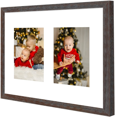Golden State Art, 11x14 Distressed Brown Wood Frame with White Mat - Displays Two 5x7 Photos - Real Glass, Sawtooth Hangers, Swivel Tabs - Wall Mounting, Landscape, Portrait
