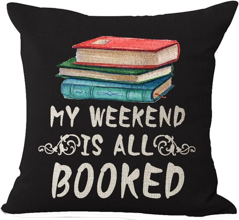 Queen's designer Book Lover Reading Book Club My Weekend is All Booked Black Background Cotton Linen Decorative Throw Pillow Case Cushion Cover Square 18"X18