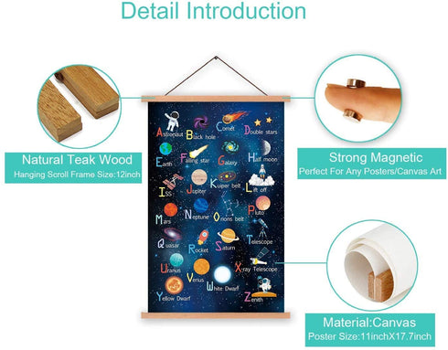 KAIRNE Outer Space Room Decor With Wood Magnetic Poster Hanger Framed ABC Alphabet Space Posters(28X45CM) Space Galaxy Themed Pictures For Boys Room Kids Space Room Nursery Classroom Decor