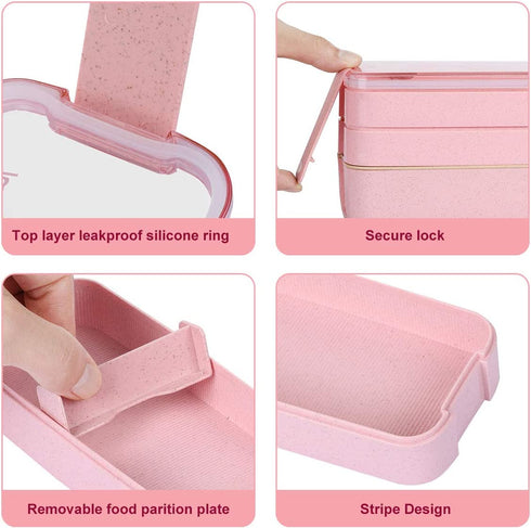 Bento Box Lunch Box for Adults Kids, 3-In-1 Meal Prep Container, 900ML Janpanese Lunch Box with Compartment, Wheat Straw, Leak-proof, Spoon & Fork, BPA-free 2 Pack