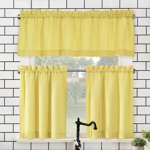 No. 918 Martine Microfiber Semi-Sheer Rod Pocket Kitchen Curtain Valance and Tiers Set, 54 in x 45 in (3 Piece), Yellow