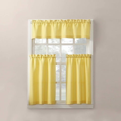 No. 918 Martine Microfiber Semi-Sheer Rod Pocket Kitchen Curtain Valance and Tiers Set, 54 in x 45 in (3 Piece), Yellow