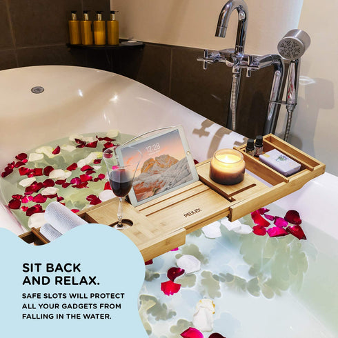 PEULEX Bathtub Tray- Bath Caddy Comes With Book, Soap Dish & Wine Glass Holder, Expandable Hot Tub Tray Designed With Premium Bamboo, For Luxurious Bathing, Great For Bath Lovers & Gift For Loved Ones