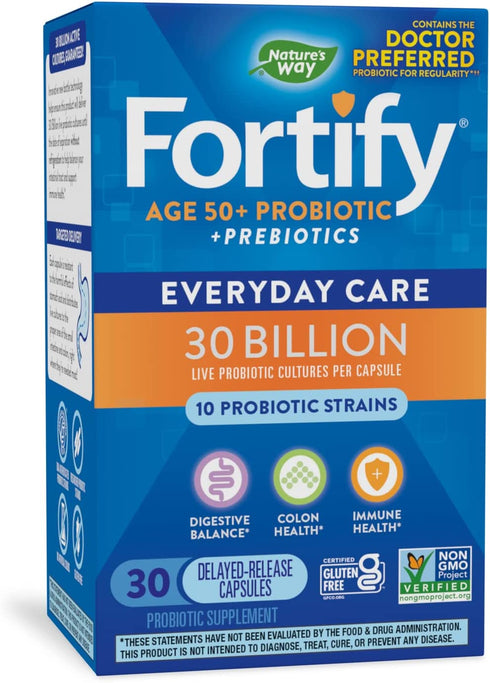 Nature’s Way Fortify 50+ Probiotic, 30 Billion Live Cultures, 10 Strains, Prebiotics, 30 Capsules