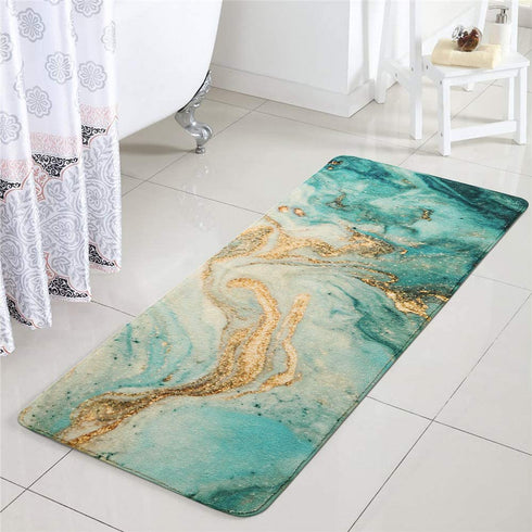 Uphome Bath Rug Runner Luxury Turquoise Marble Velvet Bath Mat 18x47 inch Non-Slip Long Bathroom Rugs Machine-Washable Soft Microfiber Floor Rugs for Bathtub Shower