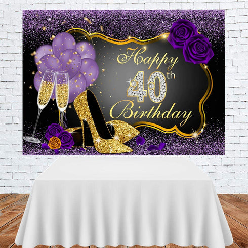 Happy 40th Birthday Backdrops Shining Purple Dots and Gold Frame Photography Background for Party Decorations Rose Floral Balloons Heels Champagne Glass Party Banner Supplies Photo Studio Props 7x5ft