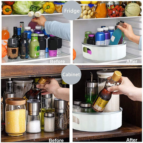 Lazy Susan Turntable - 360 Rotating Spice Rack - Non-Skid Turntable Organizer for Fridge, Cabinet & Bathroom - Lazy Susan Organizer for Bottles and Spices - 2 Pack Fridge Organizers with 2 Jars-Sliver