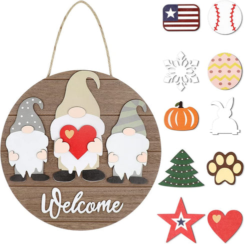 Interchangeable Welcome Sign for Front Door Wooden Wreath for All Seasons Hanging Porch Outdoor Farmhouse