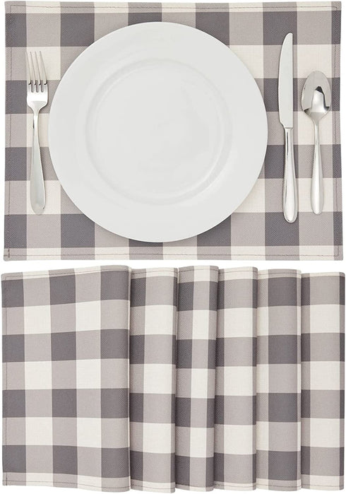 Set of 6 Grey White Buffalo Plaid Placemats, Farmhouse Dining Table Decorations (13 x 17 in)